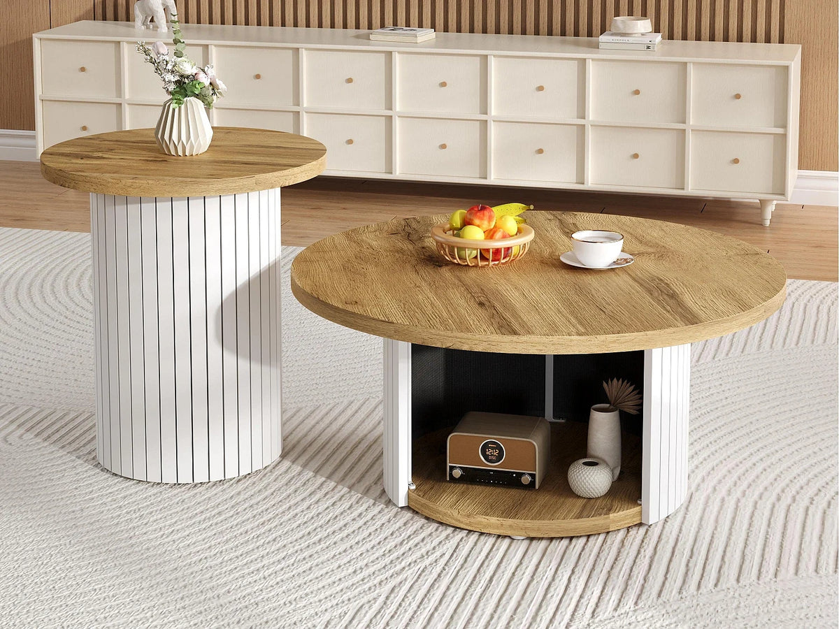 Table basse naturel ronde en MDF avec compartiments de rangement