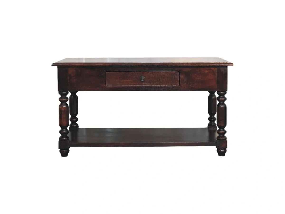 Table basse vert en bois massif avec tiroirs de rangement