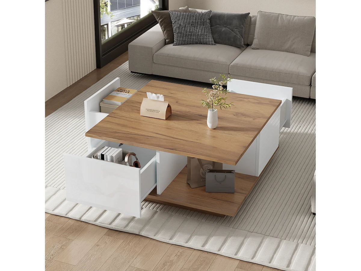 Table basse carree blanche tiroirs rangement plateau