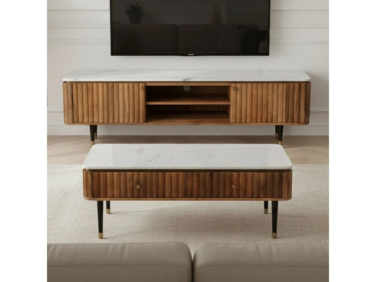 JAMARIS Table Basse Tiroirs Manguier Plateau Marbre Pieds Teinte