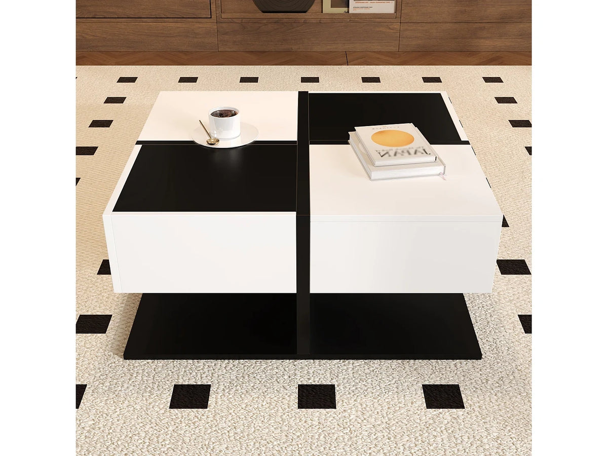 Table basse carree tiroirs rangement, noir blanc