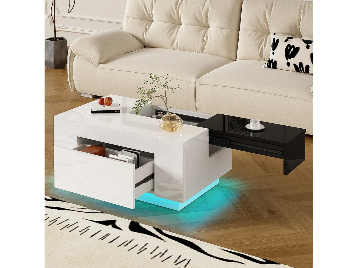 Table basse blanche plateau noir retractable tiroir