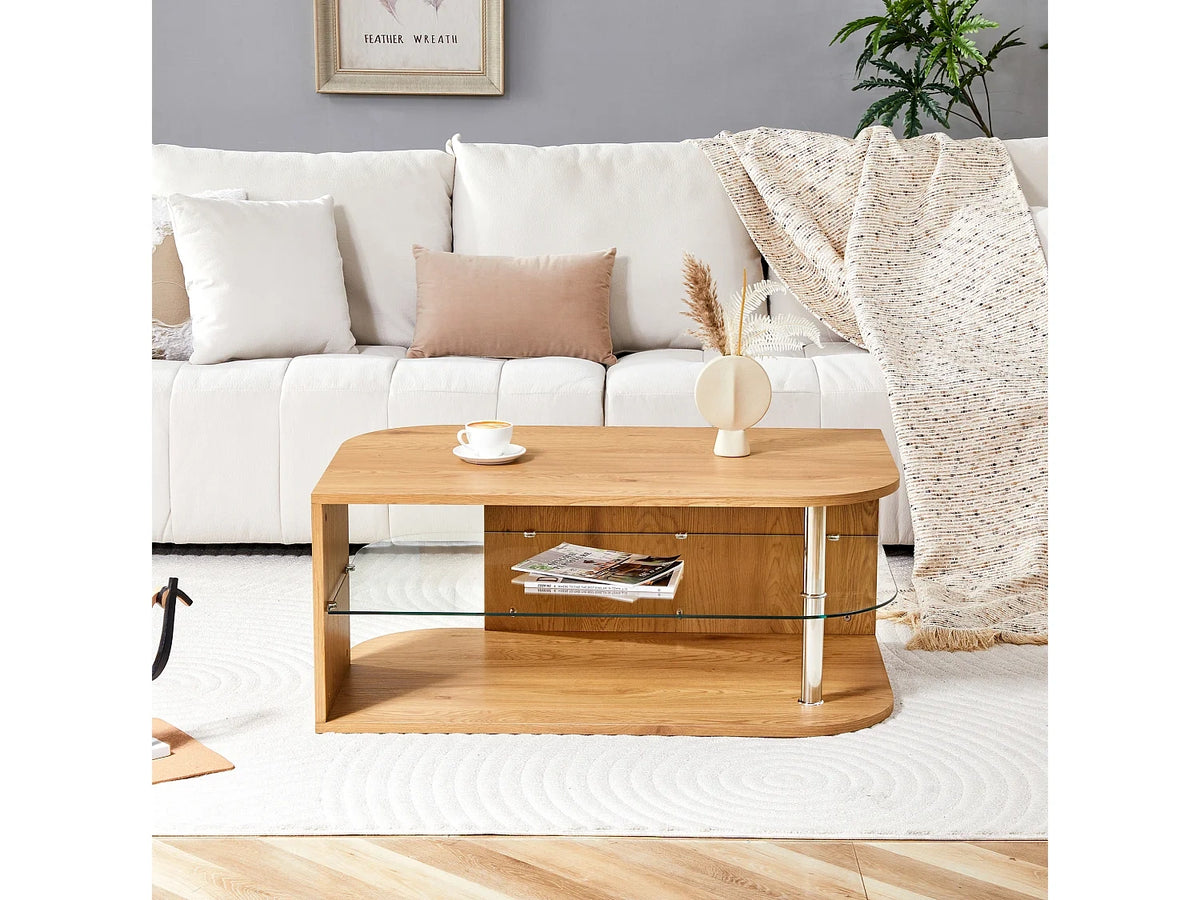 Table basse naturel en verre avec espace de rangement 100x60x42 cm