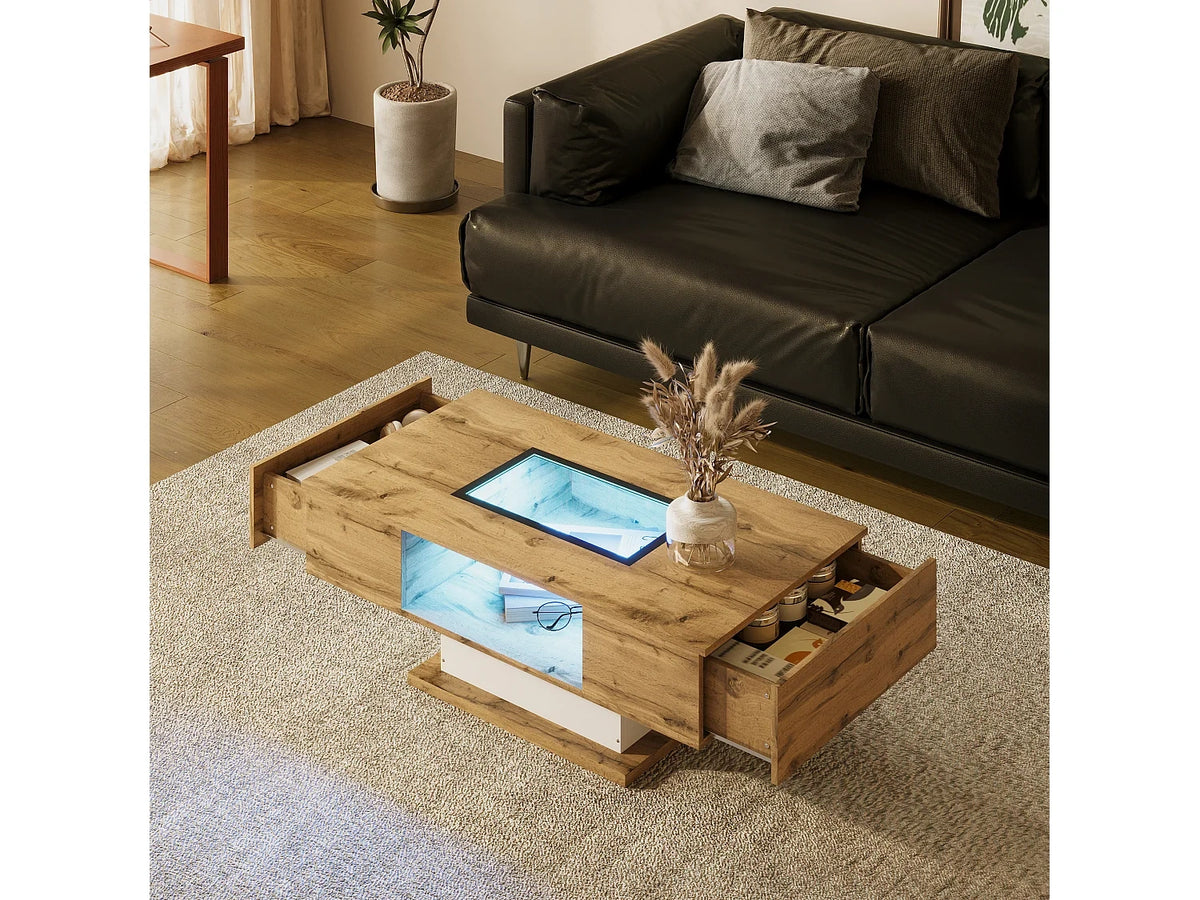 Table basse tiroirs compartiment rangement central, LED