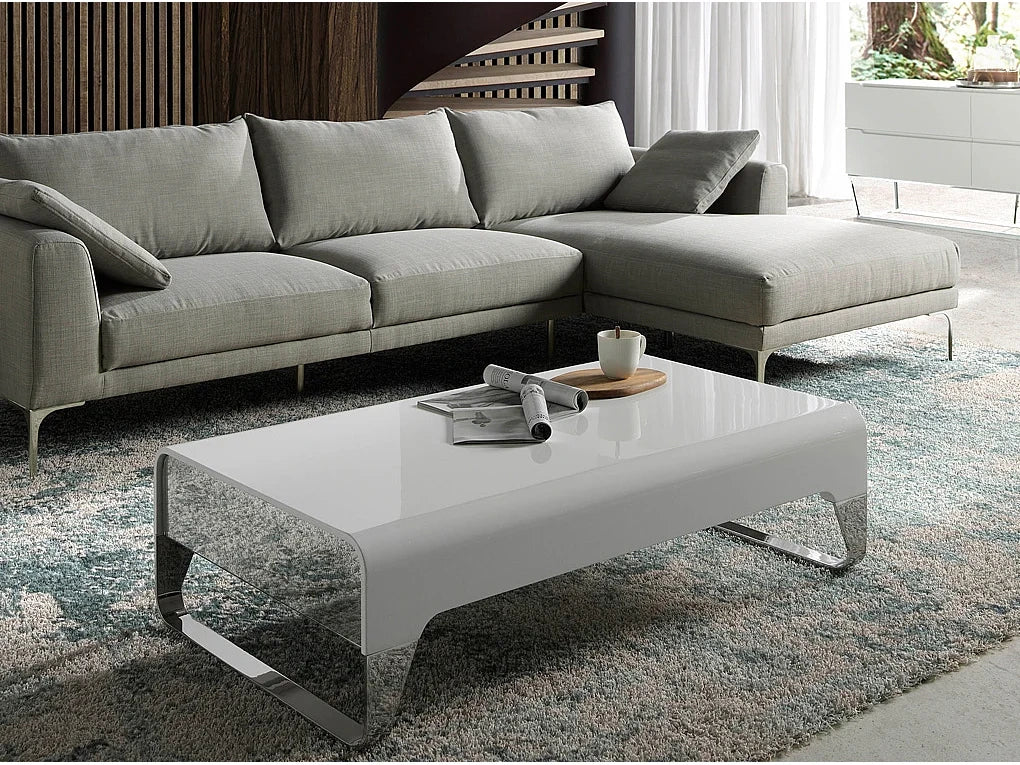 Table basse bois blanc acier acier chrome