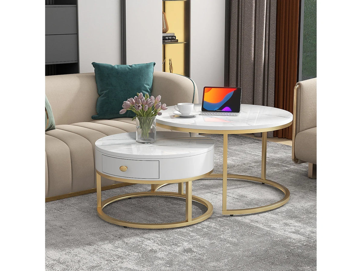 Lot de tables basses gigognes motif marbre tiroir MDF Blanc