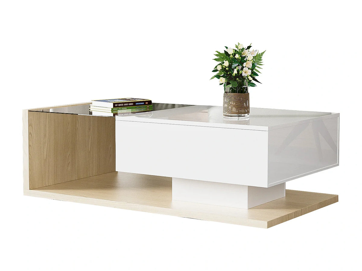 Table basse 105x55x32.5 cm blanc en verre - eclairage LED integre