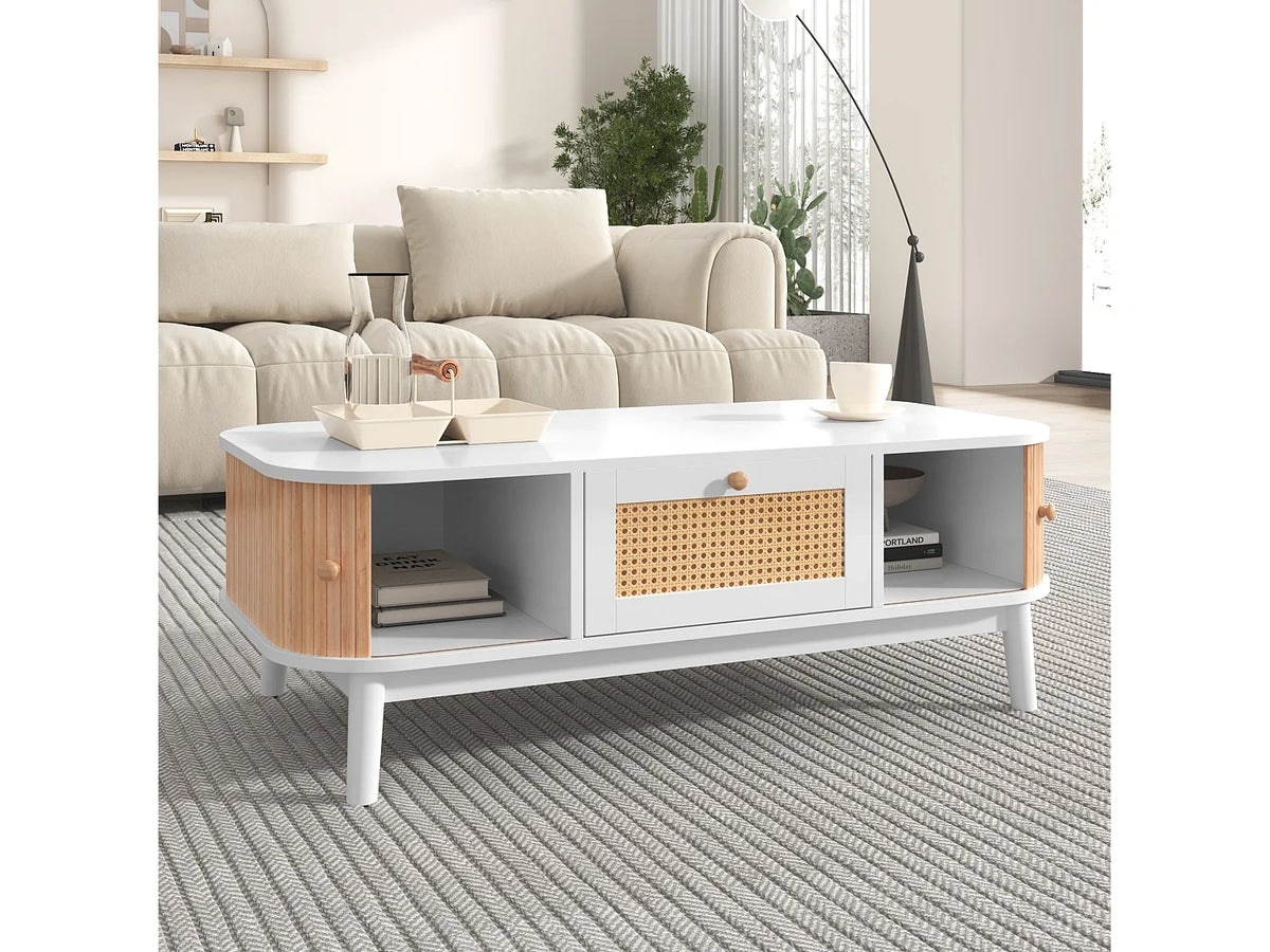 Table basse 110x55x38.5 cm naturel en bois massif - tiroirs de rangement