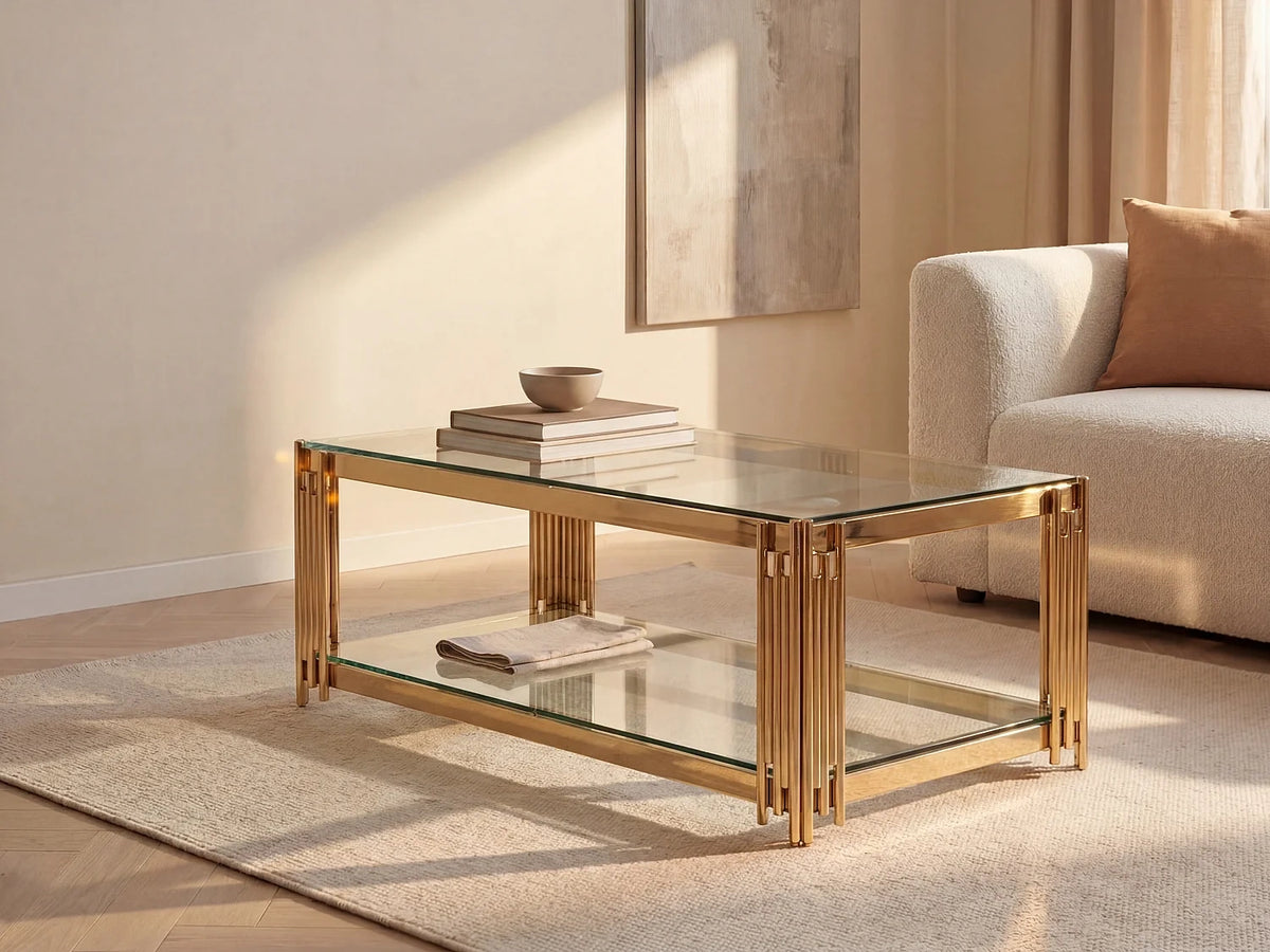 Table basse verre trempe acier dore
