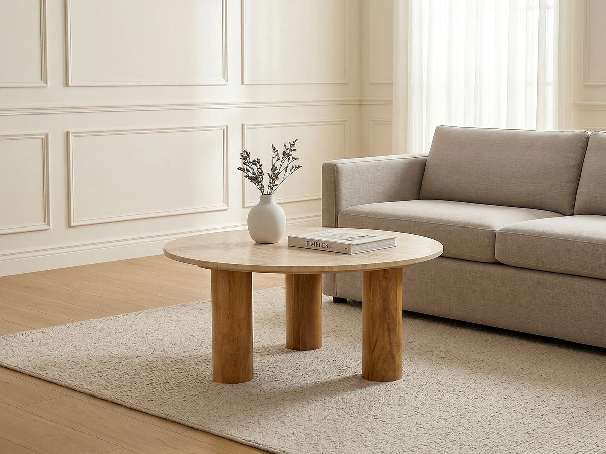 Table basse travertin bois manguier Beige naturel L90 P90