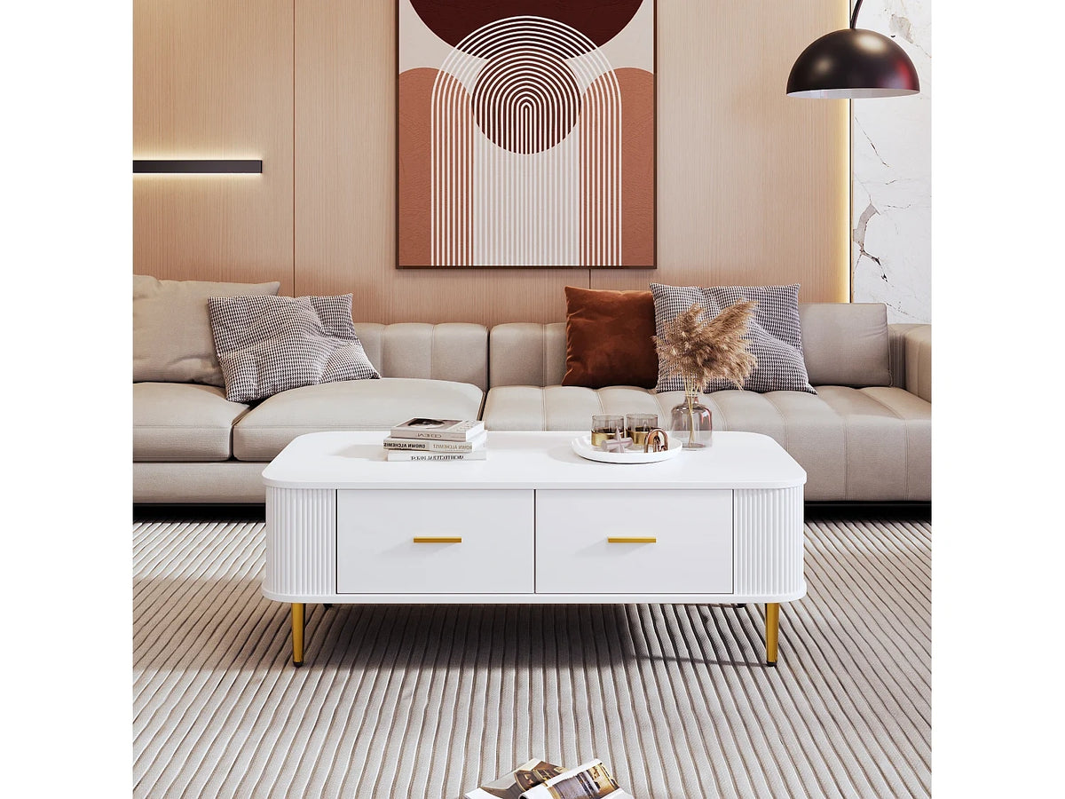 Table Basse Bois Tiroirs, Coin Arrondi, Poignees