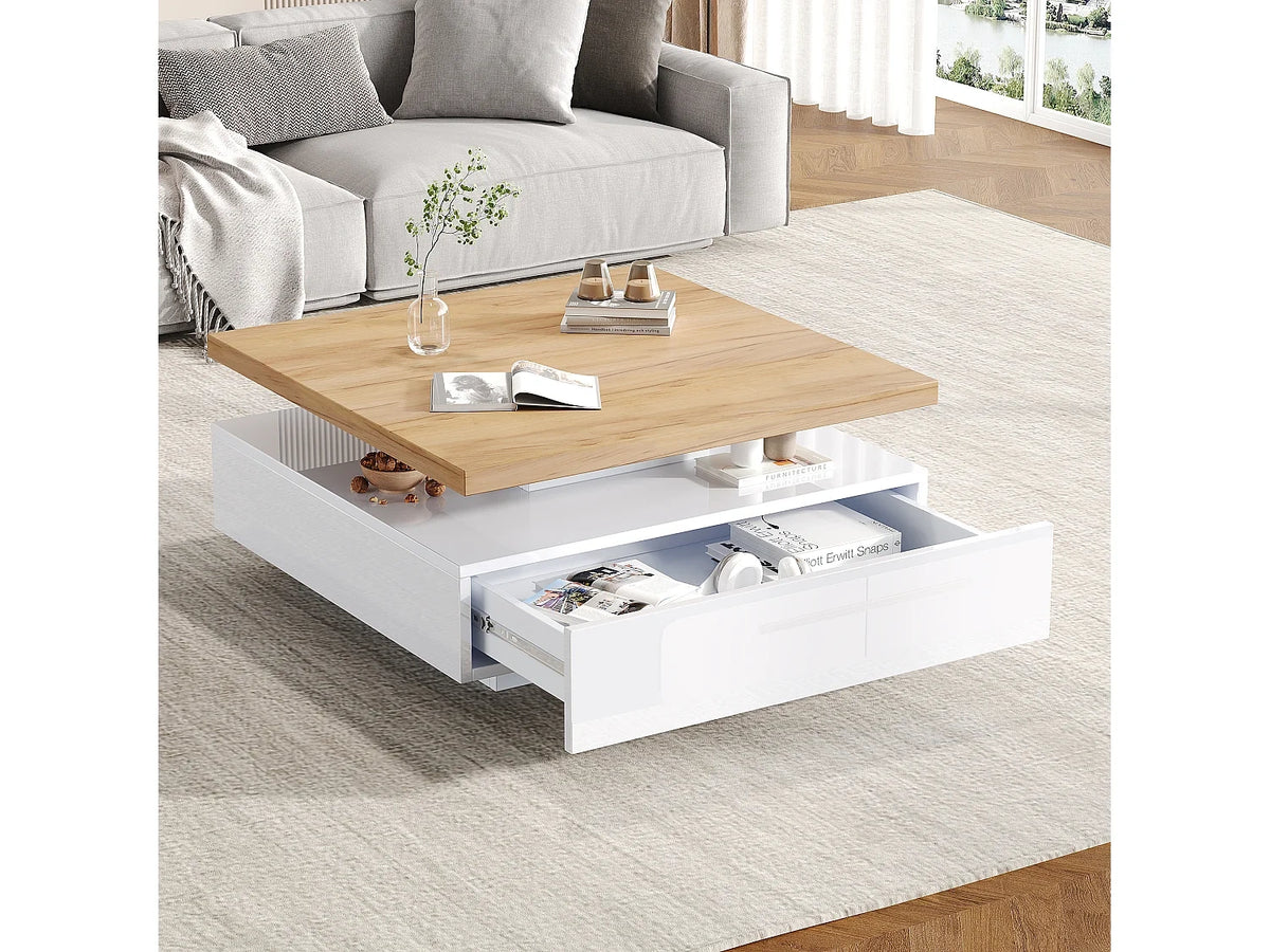 Table basse carree tiroir plateau pivotant 360 70