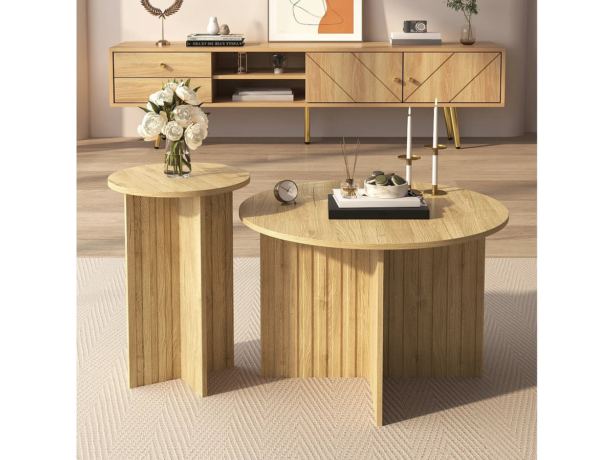 Lot de tables basses modernes plateau rond bois veine salons