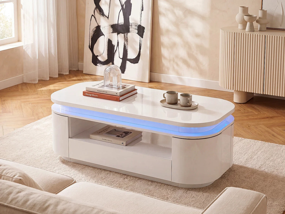 Table basse portes tiroir LEDs MDF blanc laque