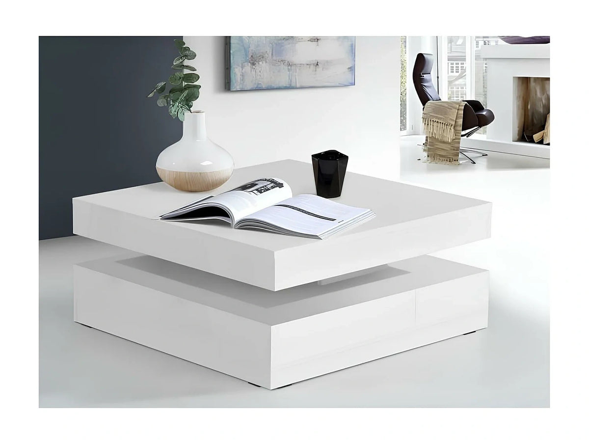 Table basse carree plateau rotatif, blanc brillant
