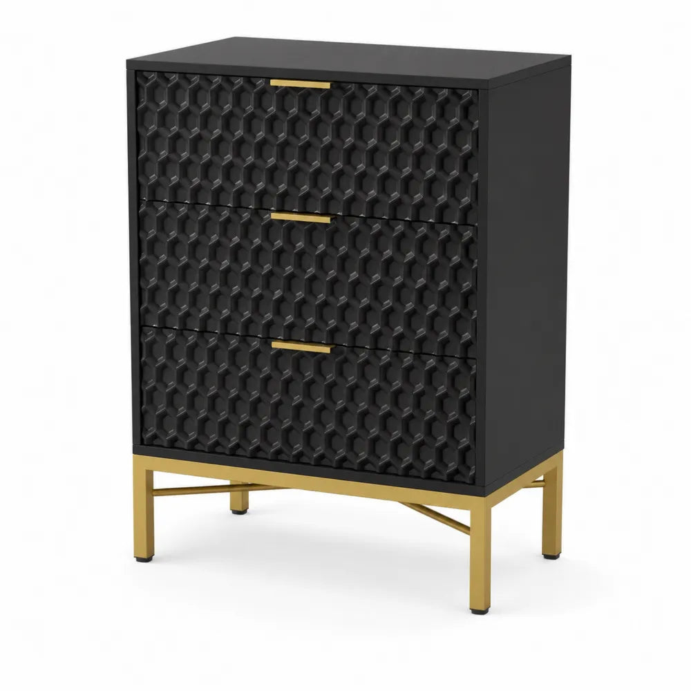 Commode 3 tiroirs en bois et m¨¦tal avec motif g¨¦om¨¦trique - No