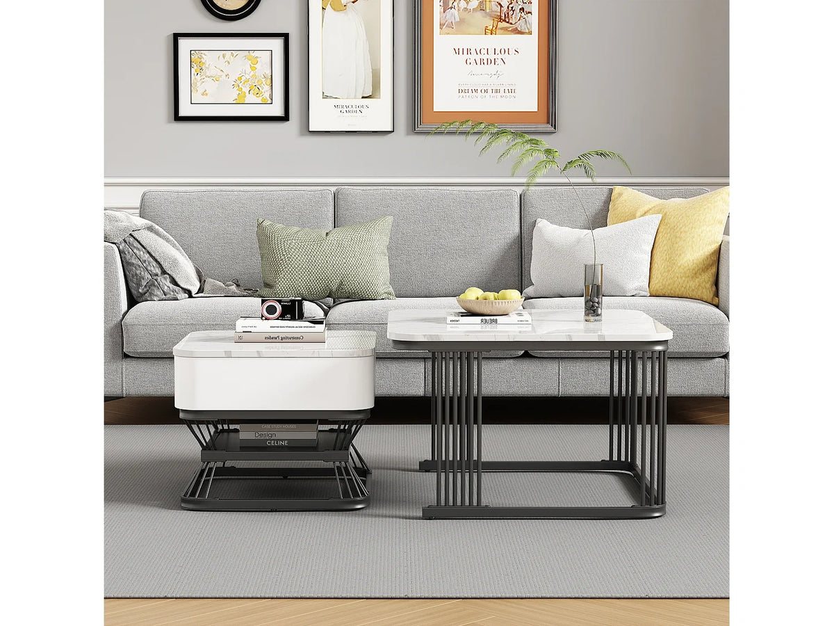 Table basses 70 x 70 x 45 cm marbre en metal - tiroirs de rangement