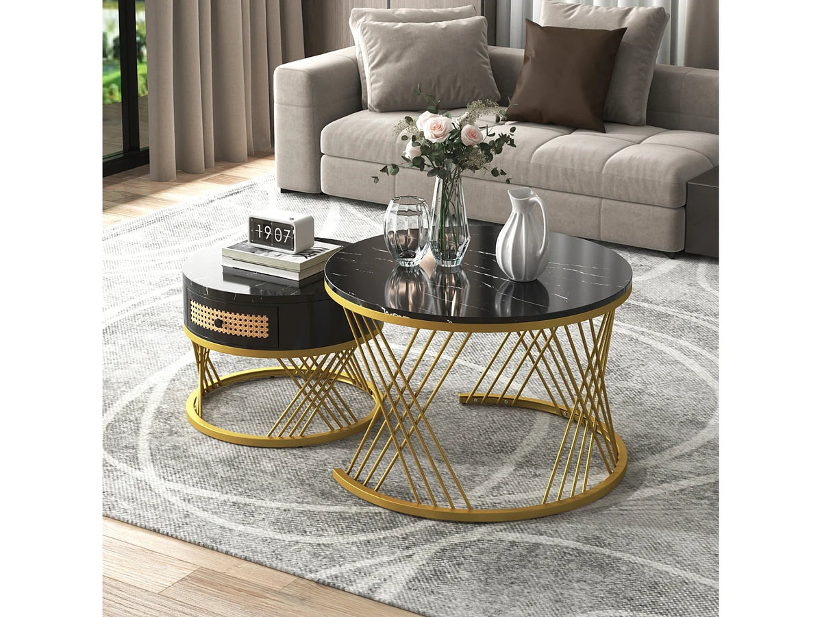 Noir - Table basses ronde avec tiroirs de rangement en metal