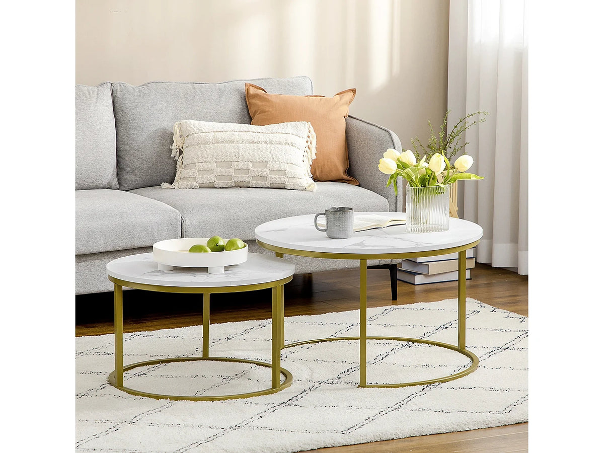 Marbre - Table basses ronde avec tables gigognes empilables en acier