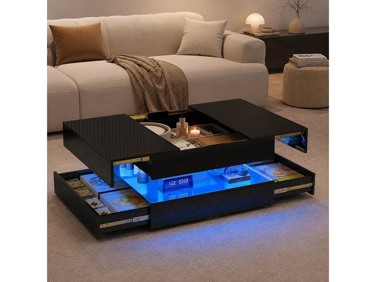 Table basse eclairage LED tiroirs Robuste MDF