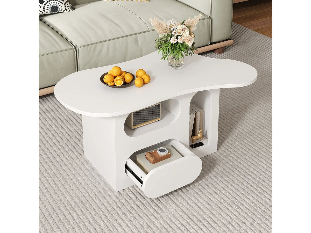 Blanc - Table basse organique avec tiroirs de rangement en panneau de particules