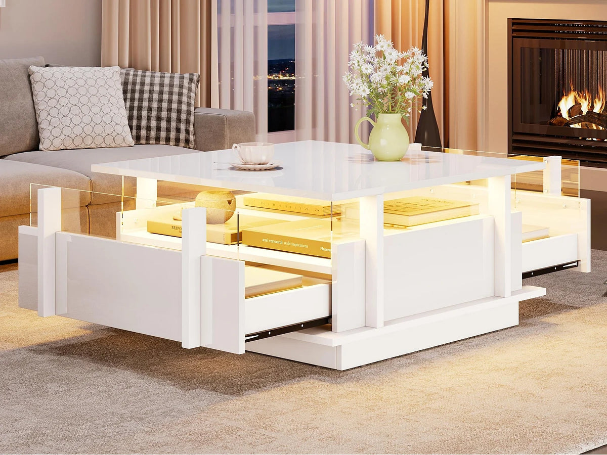 Table basse blanc carree en panneau de particules avec tiroirs de rangement 70x70x35 cm