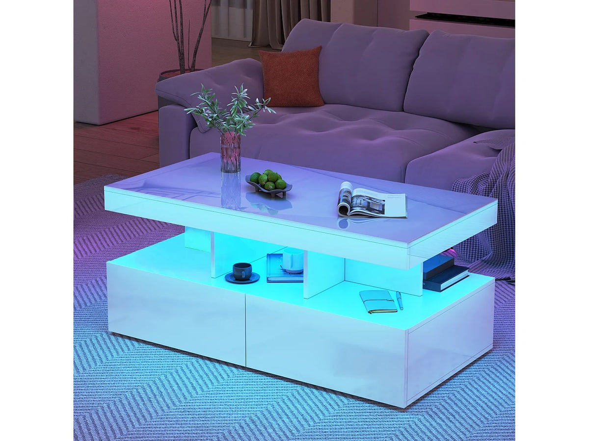 Table basse 104x53x46 cm eclairage LED tiroirs