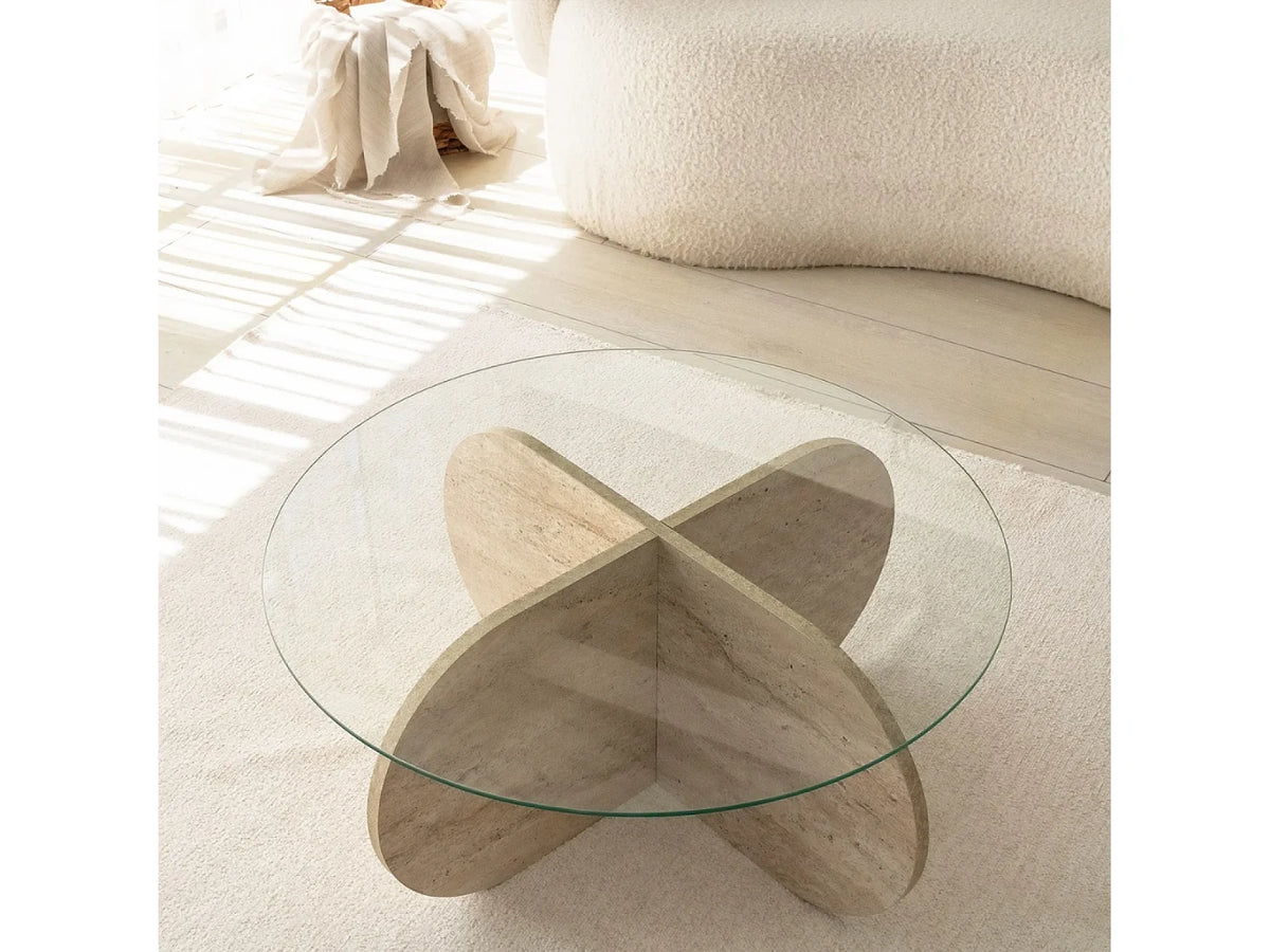 Table basse bois effet pierre plateau verre RIBE