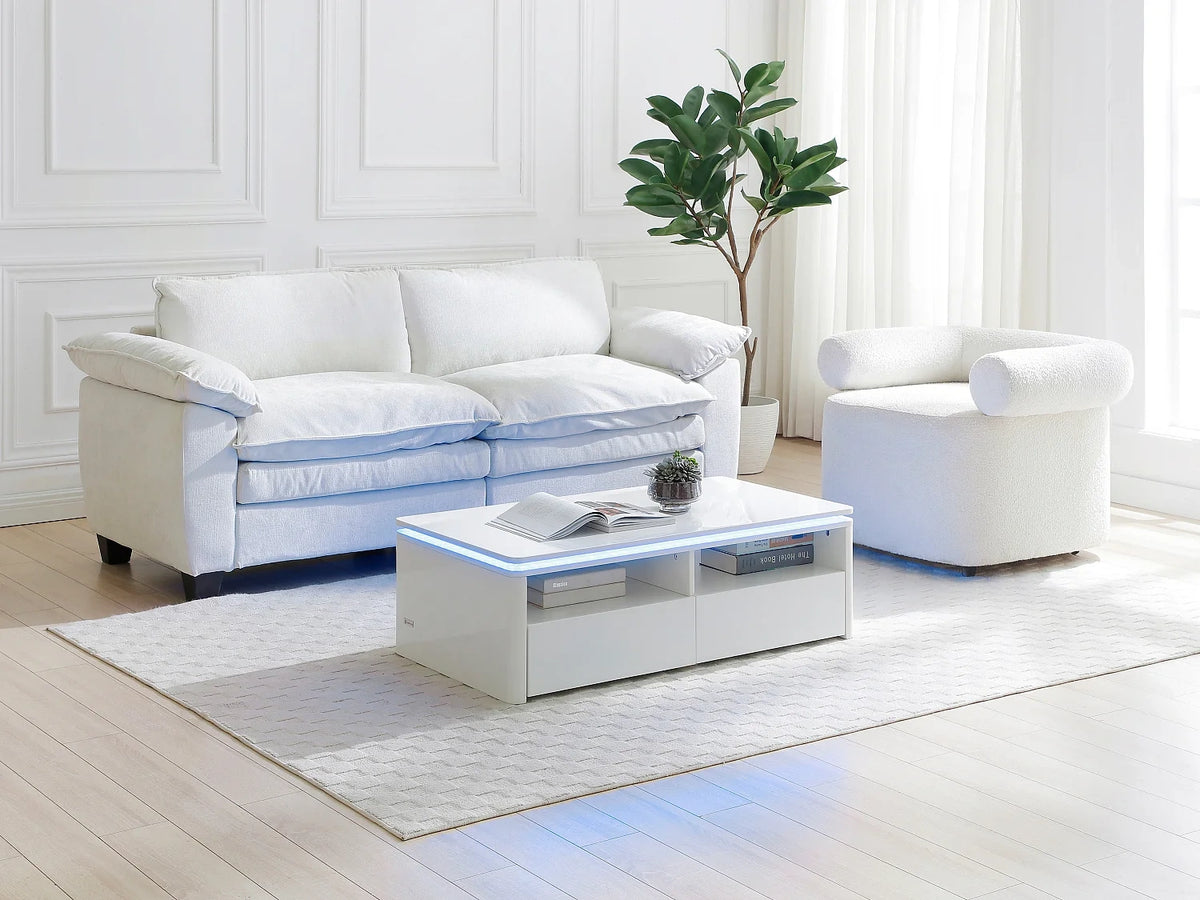 Table basse tiroirs niches LEDs Coloris Blanc Dim