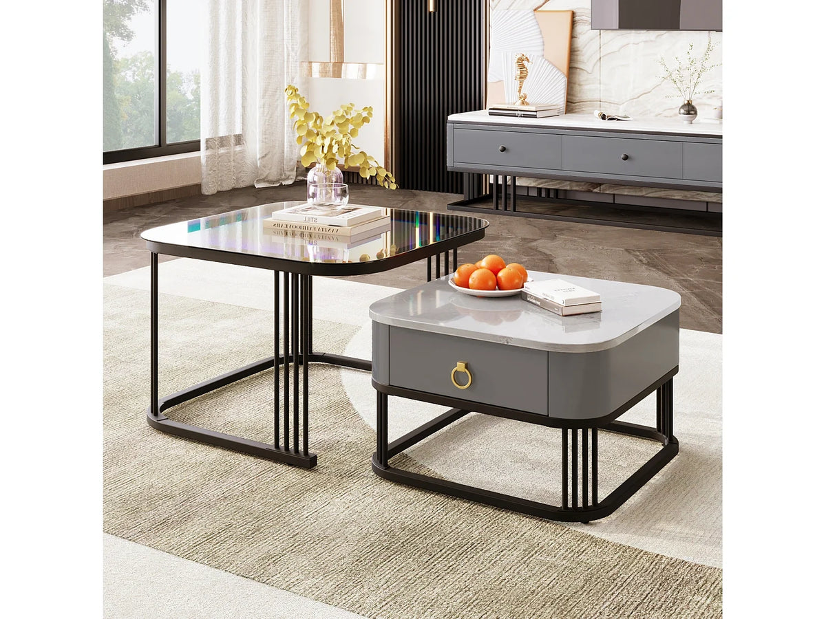 Lot de tables basses gigogne, aspect marbre plateau verre, accents