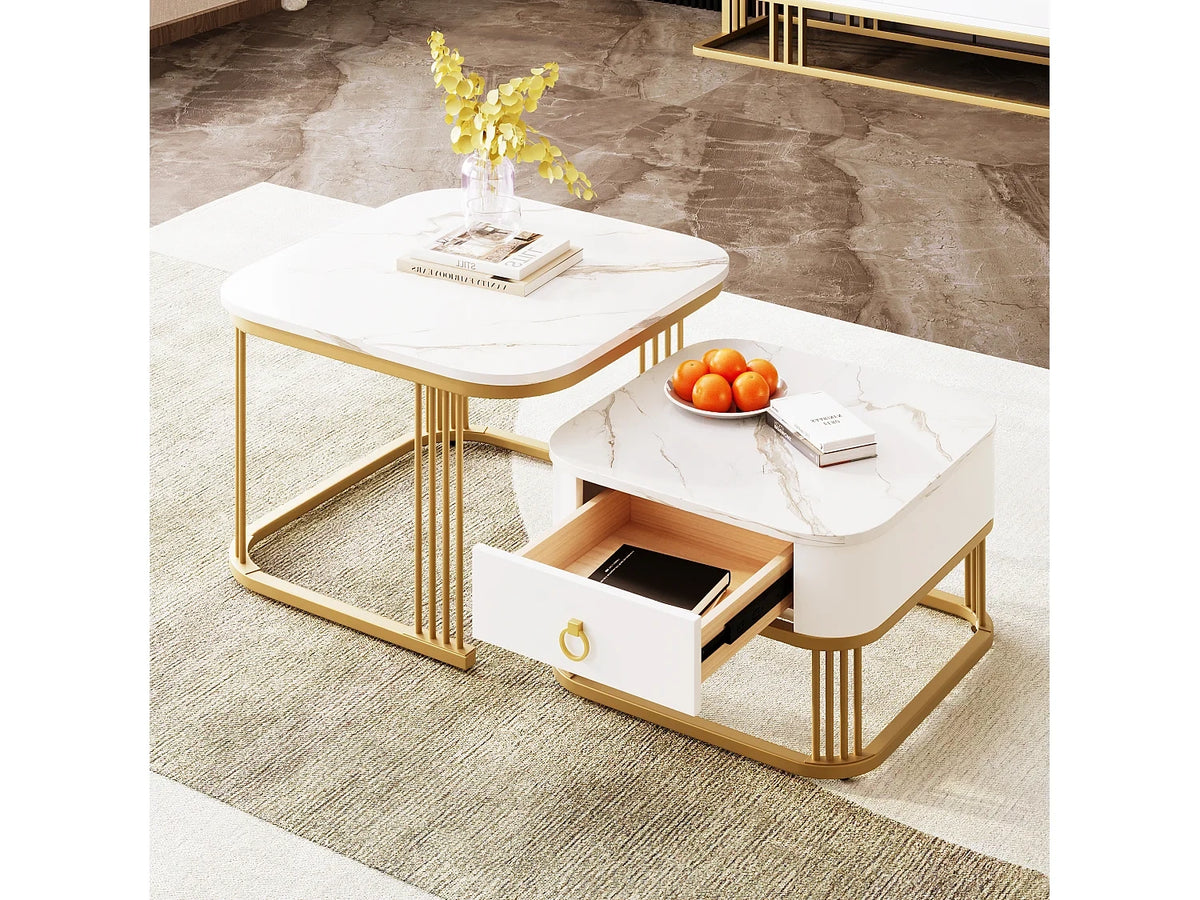 Lot de tables basses carrees empilables tiroir, placage marbre