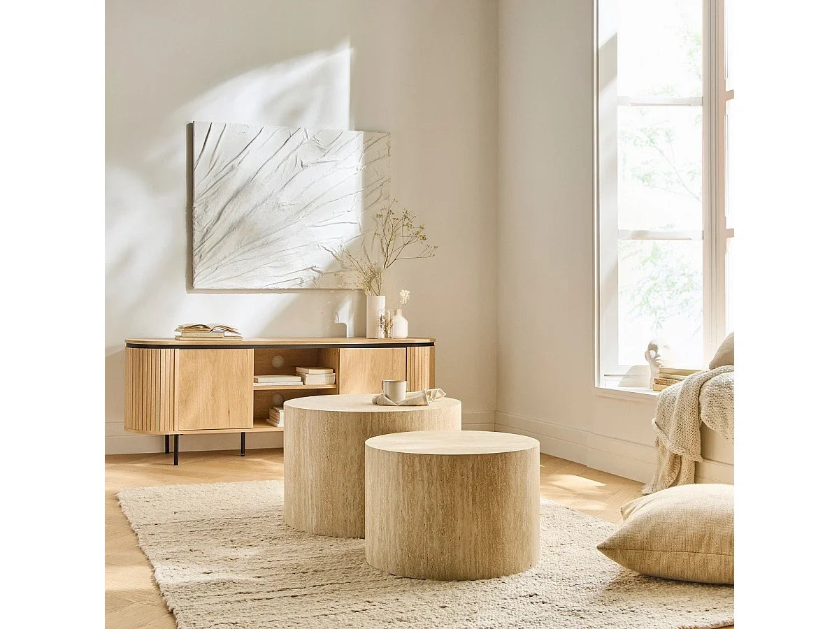 Lot de tables basses rondes empilables decor travertin MAIA
