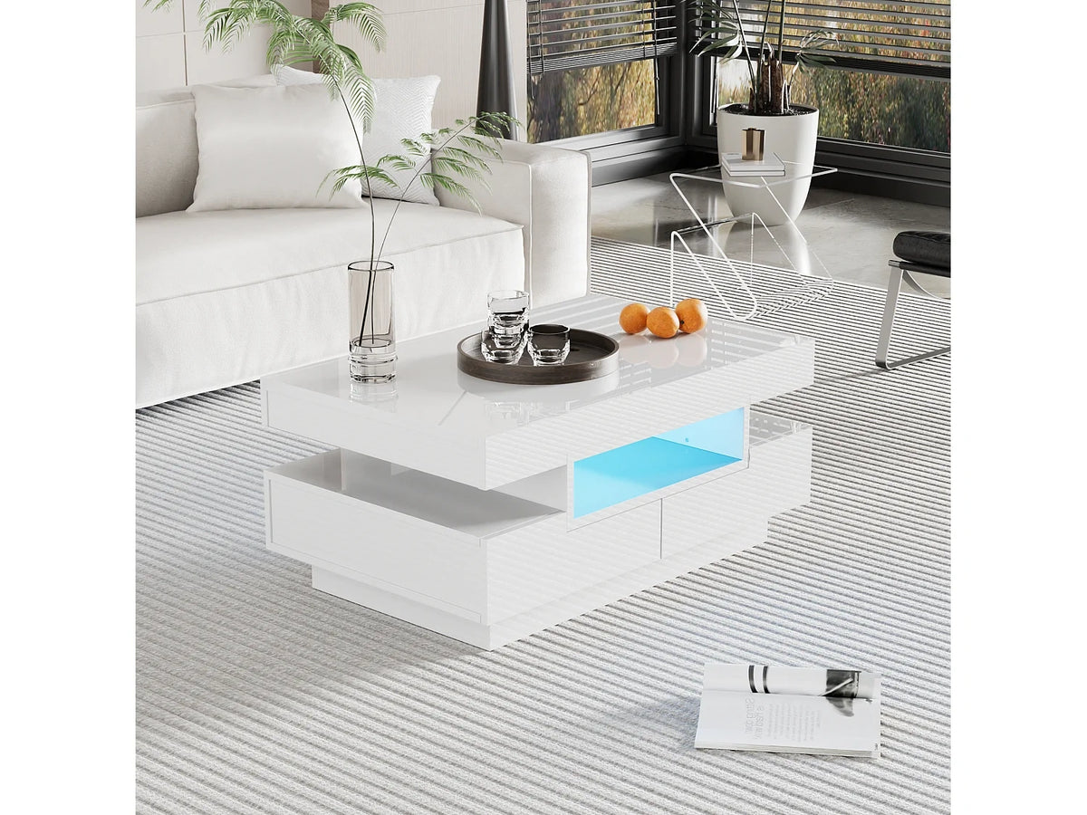Table basse compartiments ouverts tiroirs, surface laque