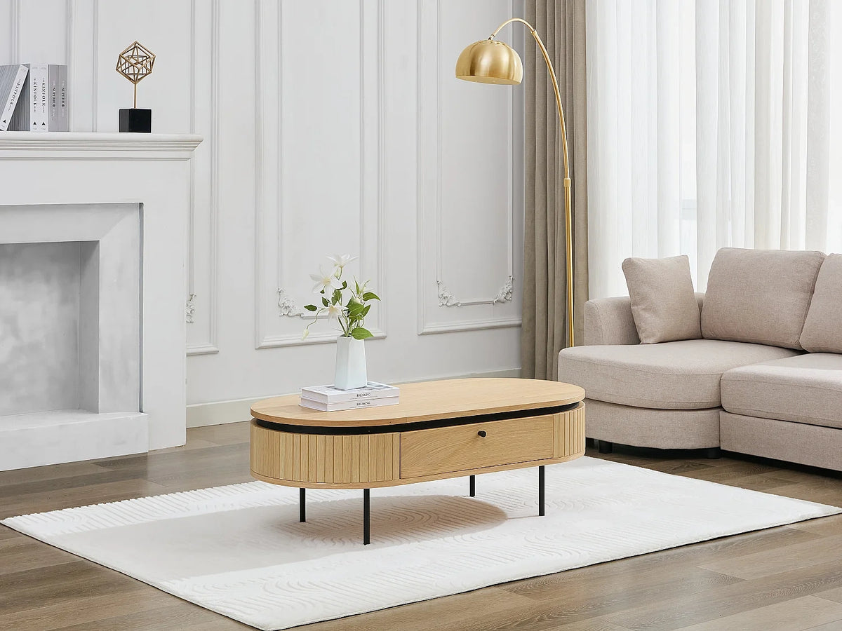Table basse tiroirs placage chene metal noir Dims L120