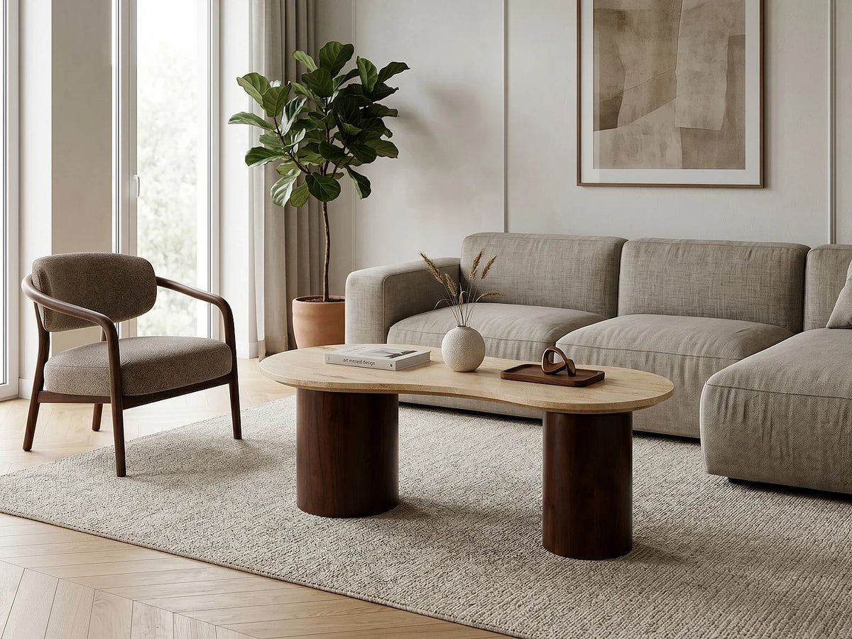 Table basse travertin bois d'acacia Beige naturel fonce L121