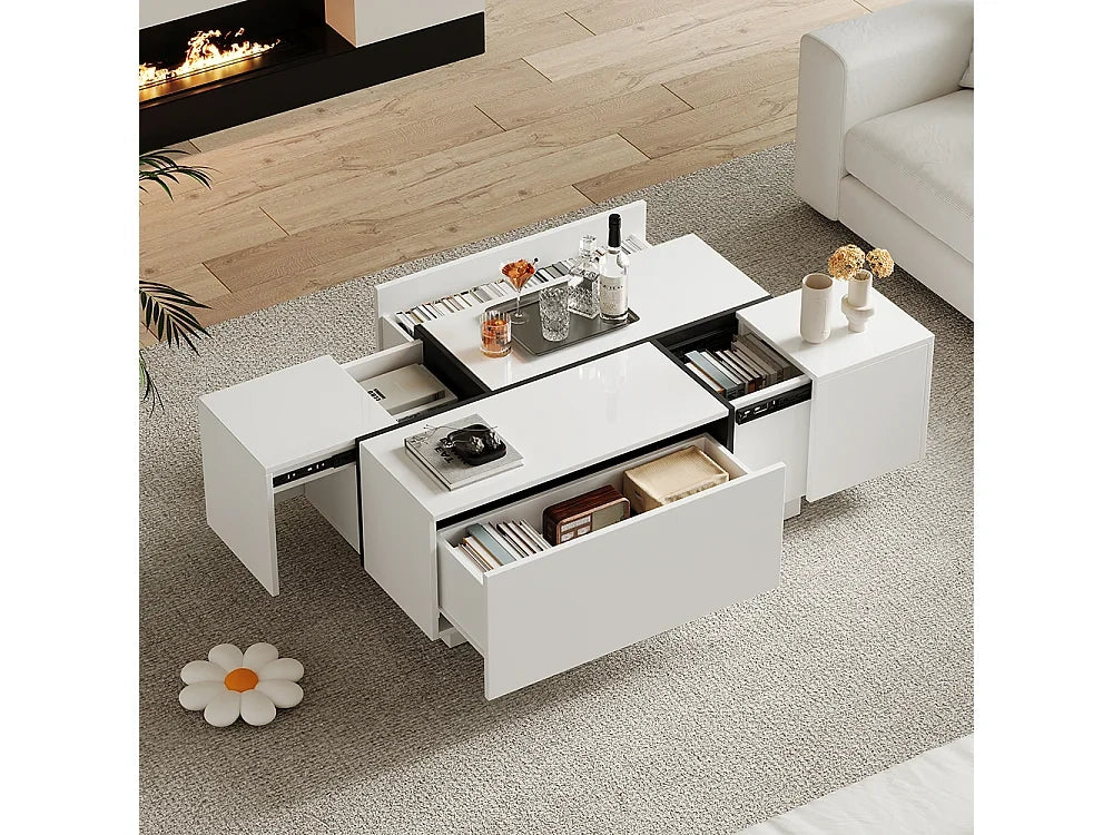 Table basse carree 100x60x40 blanc patchwork brillant tiroirs plateau