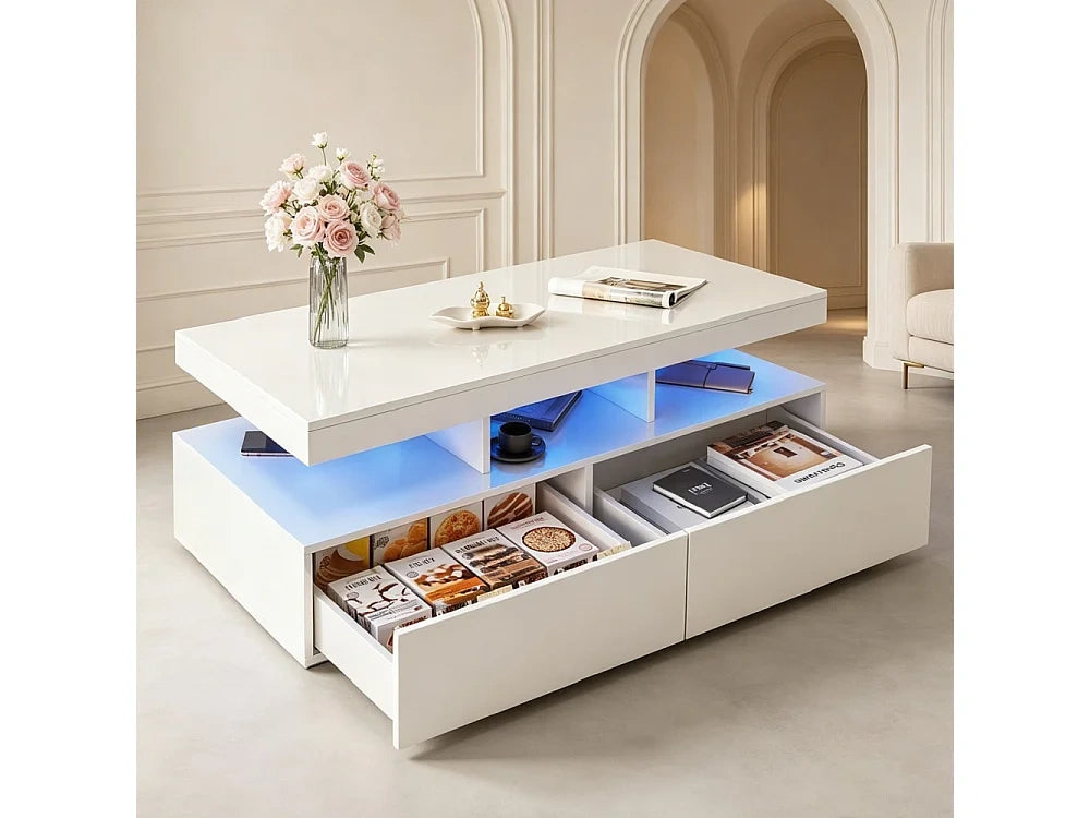 Table basse blanc avec tiroirs de rangement 104 x 53 x 46 cm