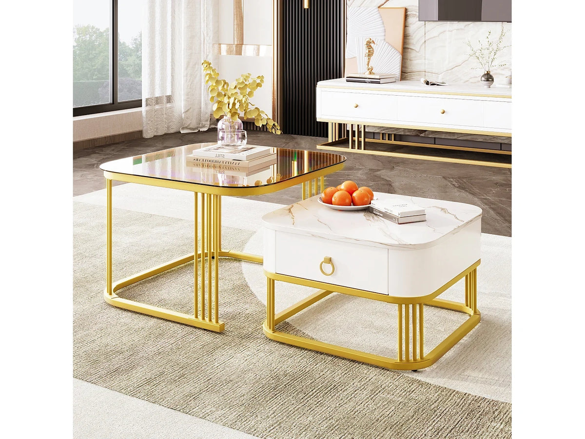 Marbre - Table basses avec tiroirs de rangement en verre