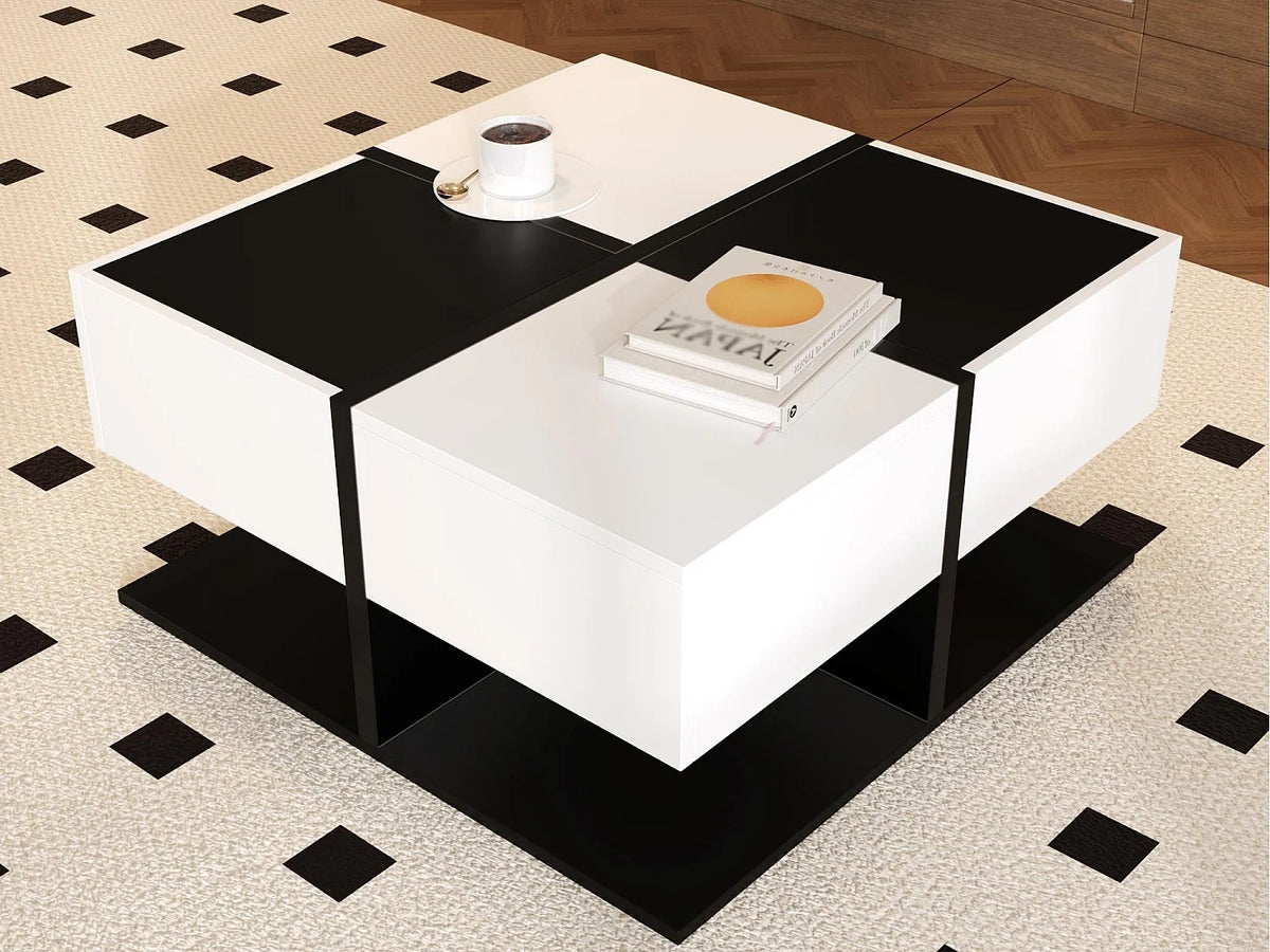 Table basse blanc carree en panneau de particules avec tiroirs de rangement 70x70x35,5 cm