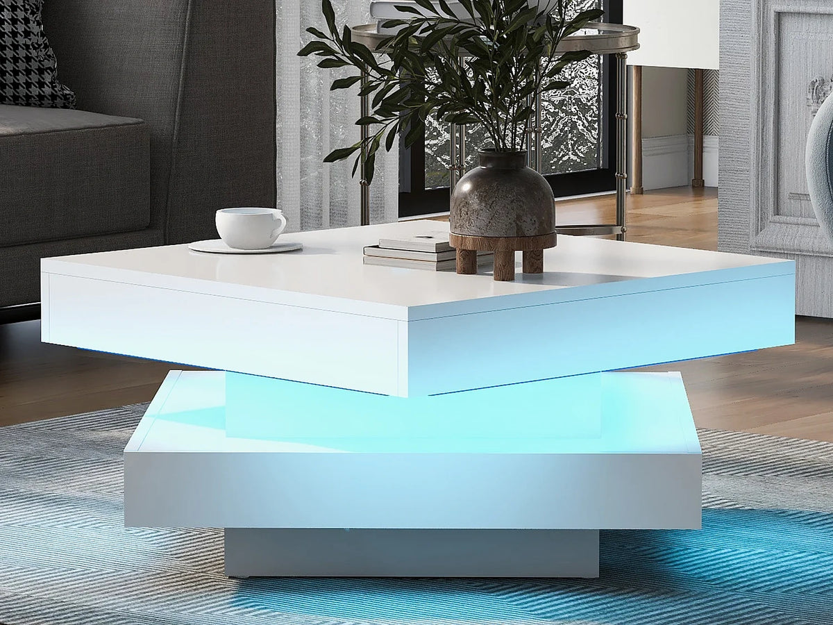 Table basse carree blanche brillante plateau pivotant Style techno