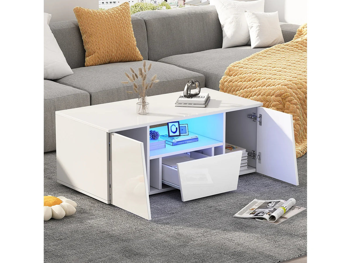 Table basse blanche brillante portes tiroir, eclairage